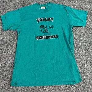 Valley Merchants Softball T-shirt M Green Blue Teal Double Sided # 54 Vintage